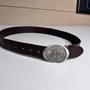 Vintage Indiana Metal Craft Leather Belt Mens 34 Brown Flying Duck Buckle 1982